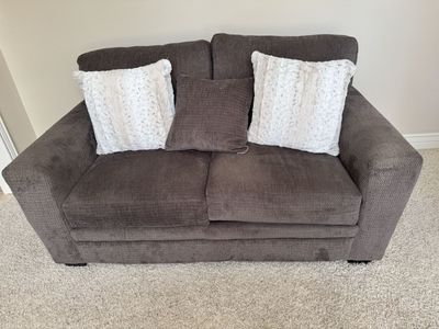 Dark Gray Fabric Loveseat Sofa with Decorative Accent Pillows