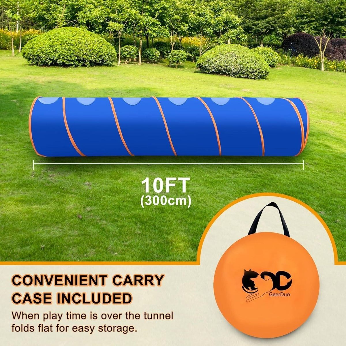 GeerDuo 10ft Collapsible Cat Play Tunnel with Carry Case - Blue & Orange Pet Tube Toy