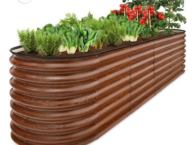 Raised Garden Bed Corrugated Metal Brown Wood Grain