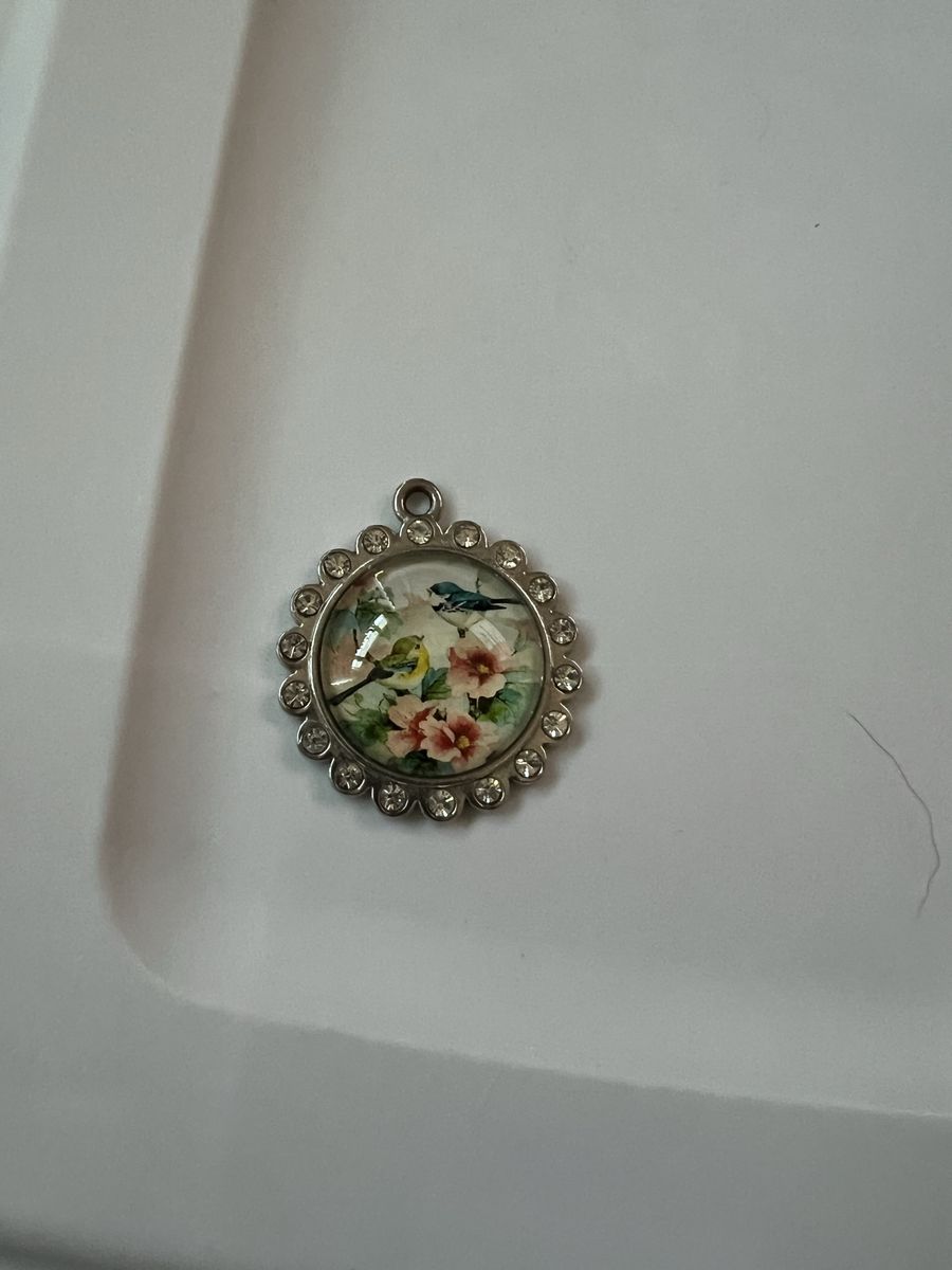 Floral Bird Rhinestone Pendant Charm - Silver Tone, Scalloped Edge Jewelry Accent