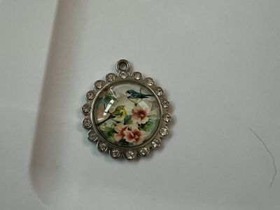 Floral Bird Rhinestone Pendant Charm - Silver Tone, Scalloped Edge Jewelry Accent