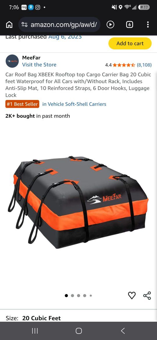 MeeFar XBEEK 20 Cubic Feet Waterproof Car Rooftop Cargo Carrier Bag w/ Straps & Door Hooks