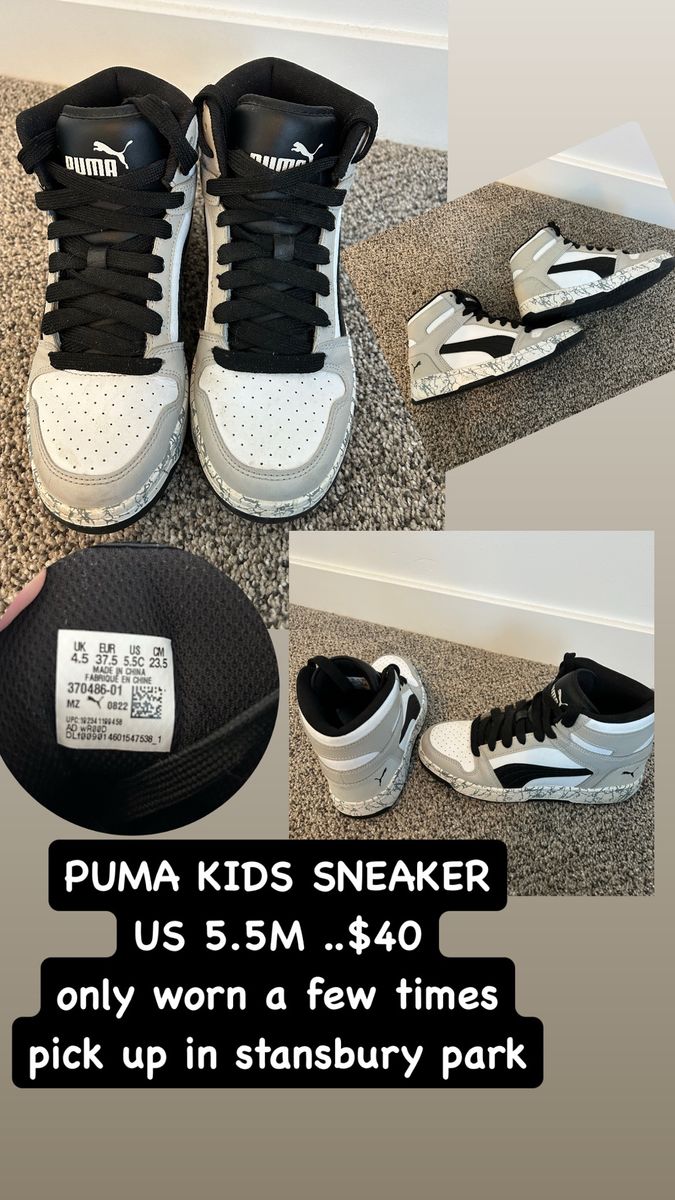 Puma Kids High-Top Sneakers Size US 5.5C White Gray Black