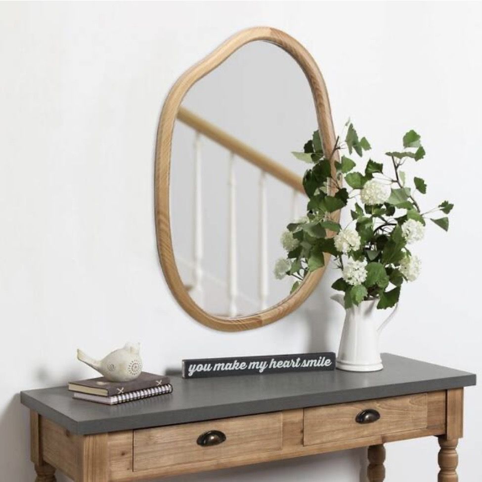 Brown 32 in. W x 22 in. H Irregular Wavy Wood Framed Wall Mirror,Abstract Asymmetrical Decorative Mirror for Living Room