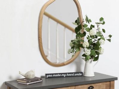 Brown 32 in. W x 22 in. H Irregular Wavy Wood Framed Wall Mirror,Abstract Asymmetrical Decorative Mirror for Living Room