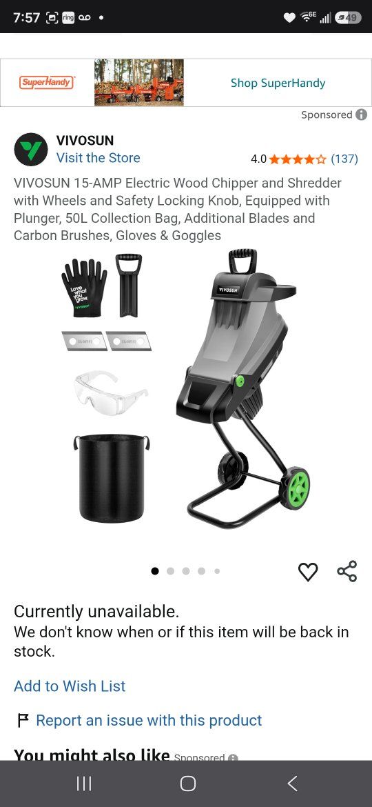 VIVOSUN 15-AMP Electric Wood Chipper & Shredder, 50L Collection Bag, Gloves & Goggles, New