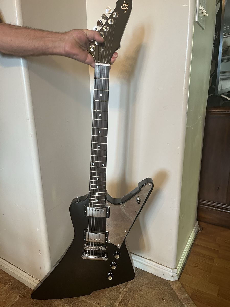 SX Electric Guitar Black Explorer Style Body Chrome Hardware
