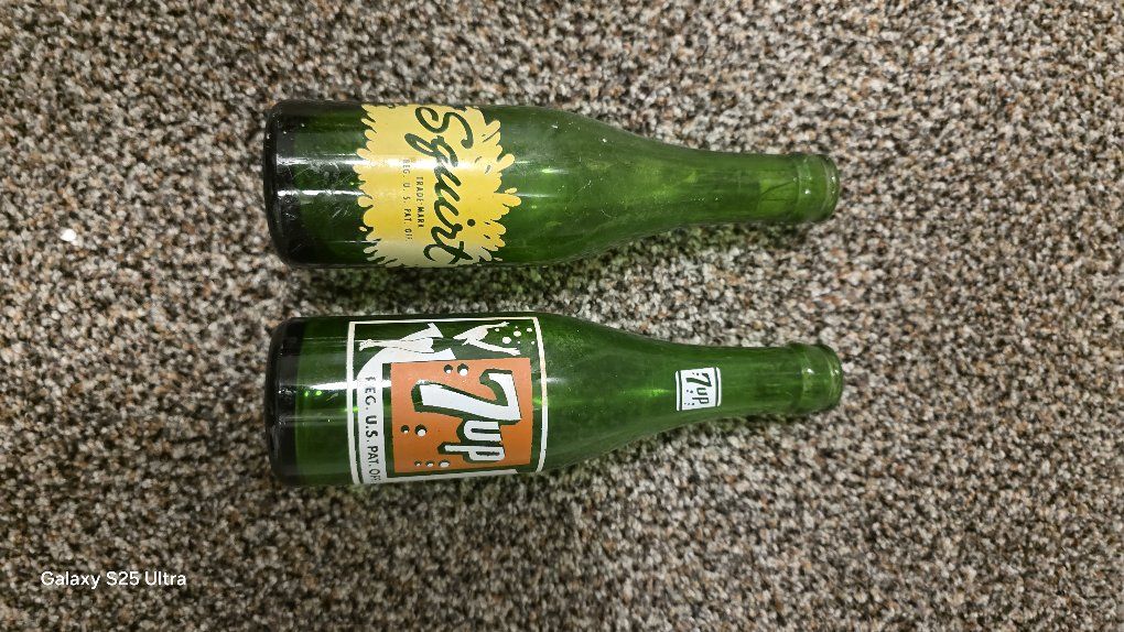 Vintage 7UP & Squirt Green Glass Soda Bottles - Empty & Collectible