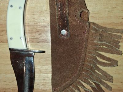 Hand Made 440 Stainless Steel Fixed Blade Knife with White Handle & Brown Leather Fringed Sheath