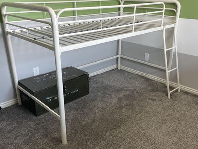 White Metal Twin Loft Bed Frame with ladder and mattress
