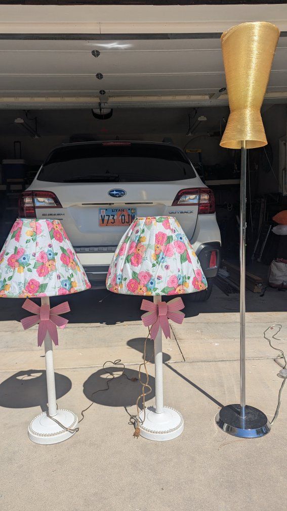Set of 3 Lamps - 2 Floral Children's Lamps with Pink Bows, 1 Gold Woven Fabric Floor Lamp