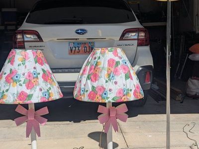 Set of 3 Lamps - 2 Floral Children's Lamps with Pink Bows, 1 Gold Woven Fabric Floor Lamp