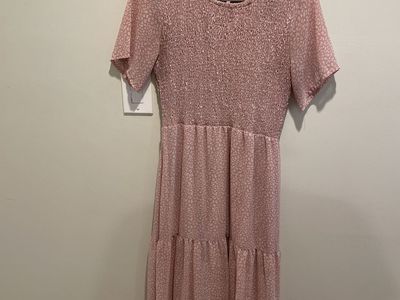 Pink Smocked Tiered Midi Dress - Short Sleeve, Round Neck, Women's Size Medium