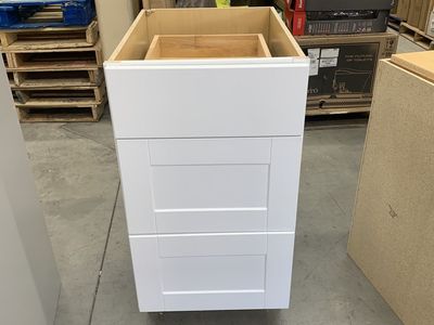 Hampton Bay Shaker 18 in. W x 24 in. D x 34.5 in. H Assembled 3 Drawer Base Kitchen Cabinet in Satin White