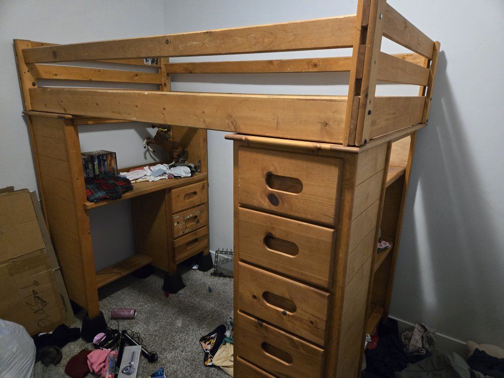 FREE - Twin-Size Wood Loft Bed with Desk and Dresser - Space-Saving Bedroom Furniture