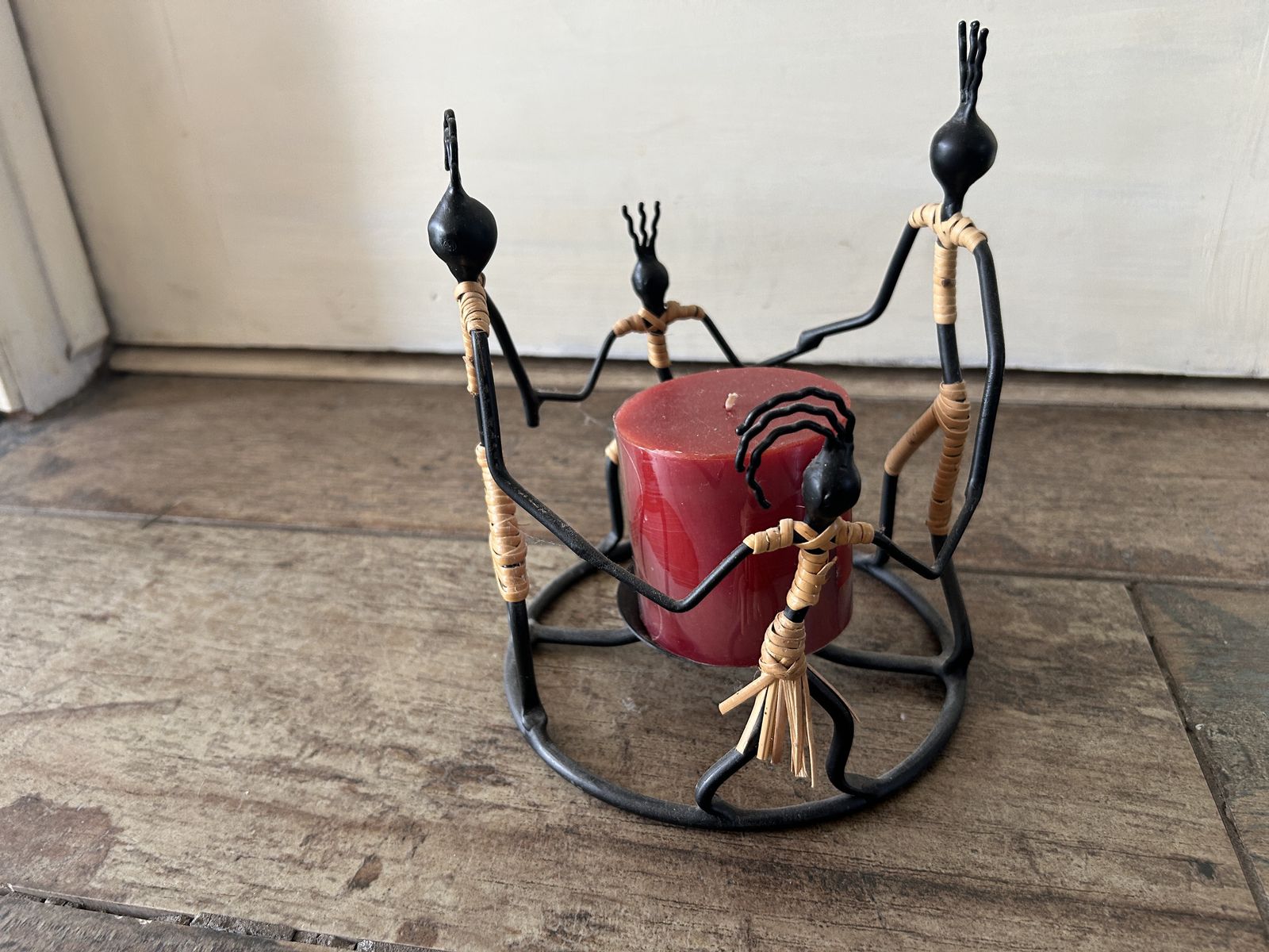 Handcrafted African Family Candle Holder Sculpture – Metal & Woven Art Décor
