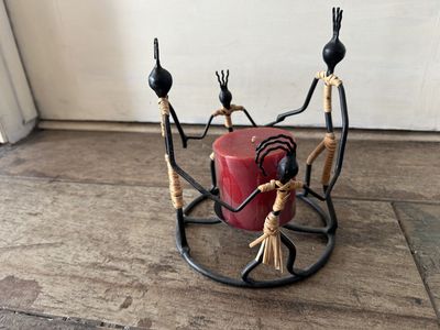 Handcrafted African Family Candle Holder Sculpture – Metal & Woven Art Décor
