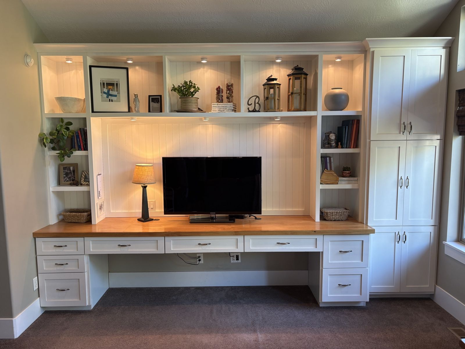 MAKE AN OFFER!  Custom Built-in Desk & Shelving Unit - White Cabinets, Wood Countertop, Integrated Lighting