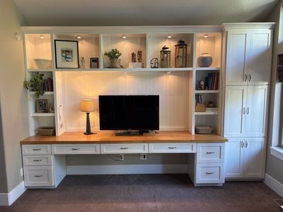 MAKE AN OFFER! Custom Built-in Desk & Shelving Unit - White Cabinets, Wood Countertop, Integrated Lighting