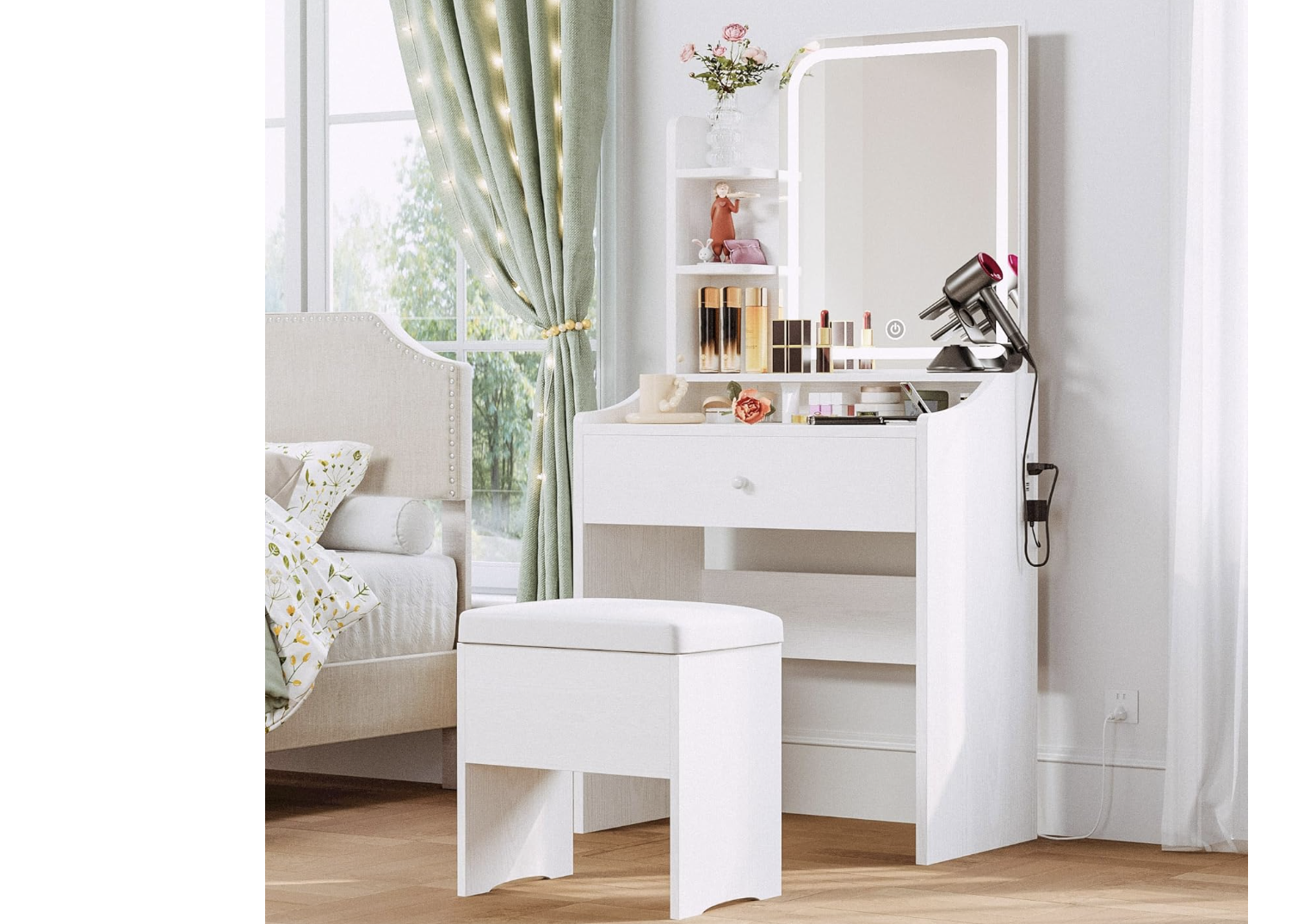 New in Box Small Makeup Vanity Desk with Mirror and Lights, Vanity Table Set with Storage Drawer, Chair