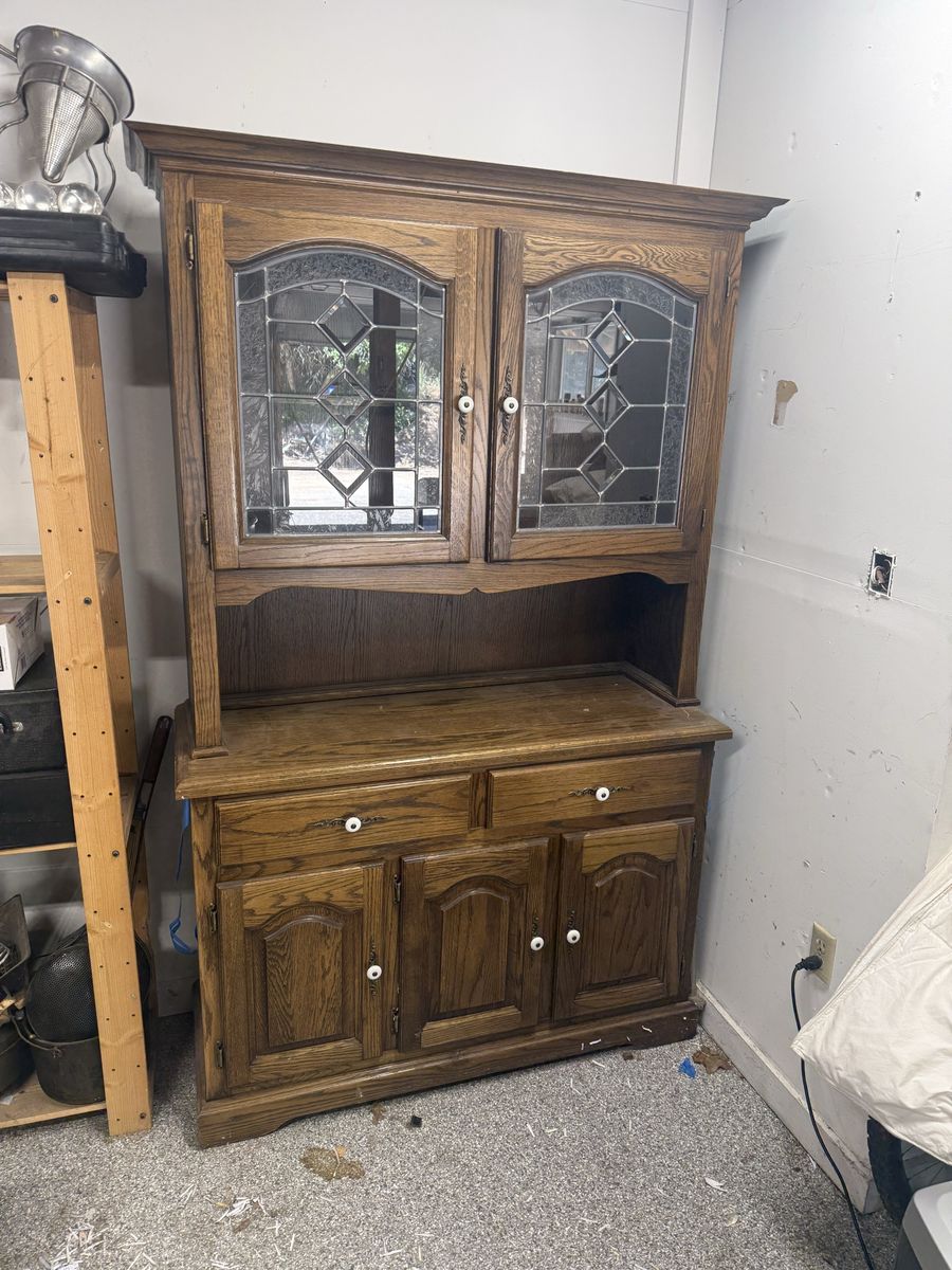 Vintage hardwood hutch. Leaded glass