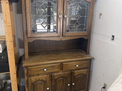 Vintage hardwood hutch. Leaded glass