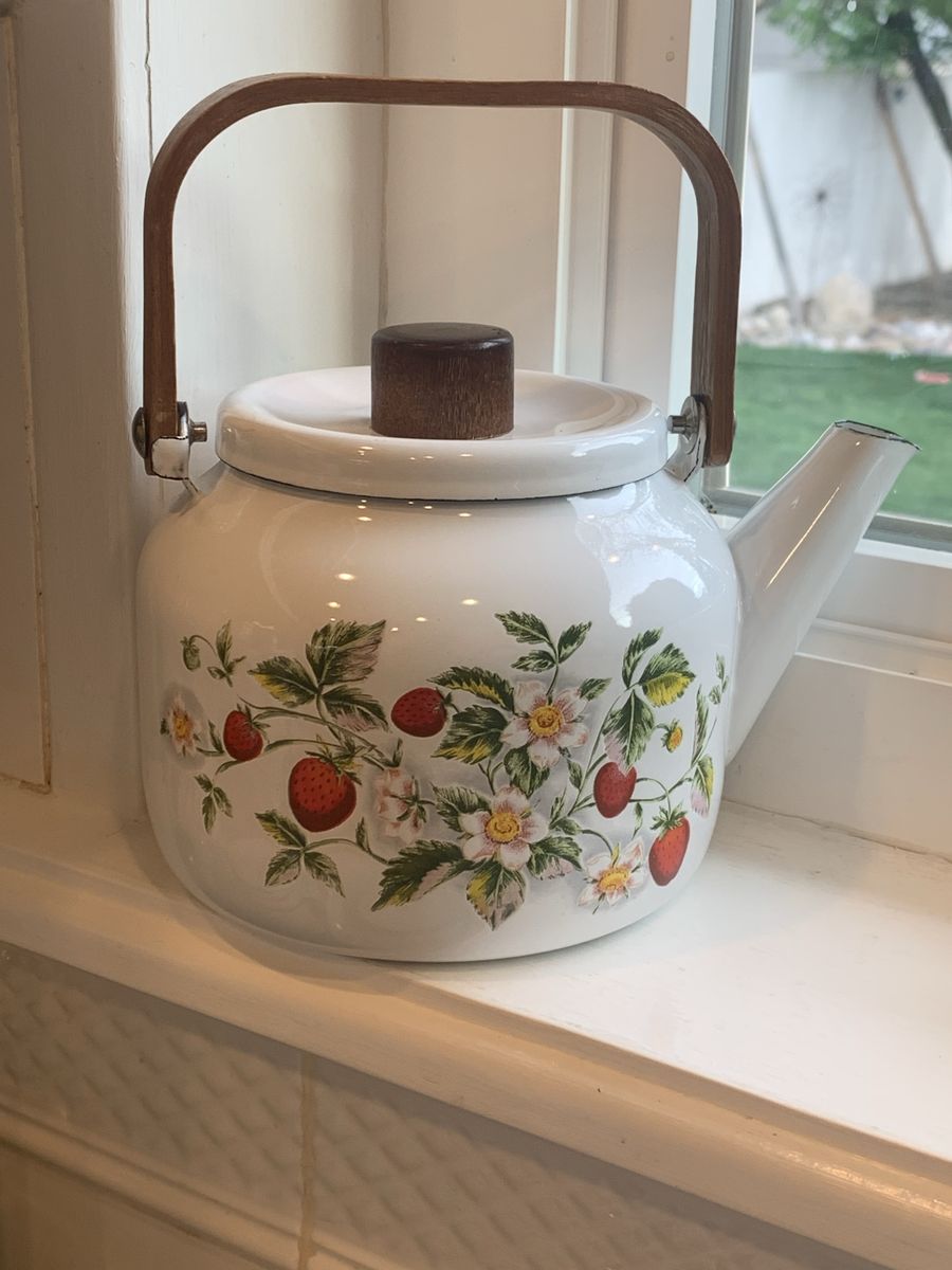 VTG Enamel Strawberry Floral Tea Kettle