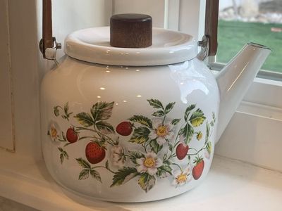 VTG Enamel Strawberry Floral Tea Kettle