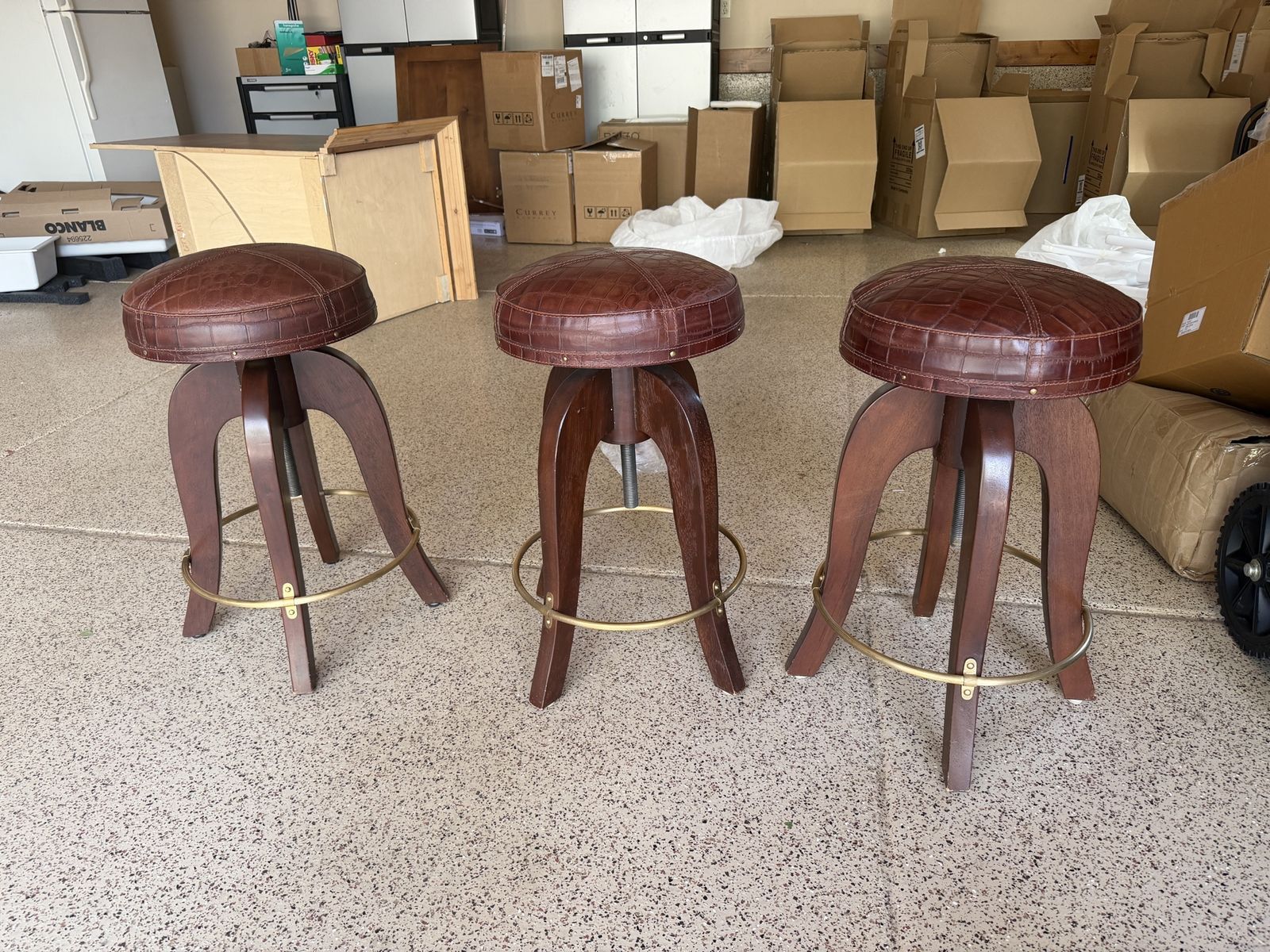 Stiles Brothers Brown Crocodile Embossed Leather Swivel Bar Stools - Set of 3, Wood Base
