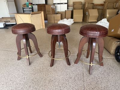 Stiles Brothers Brown Crocodile Embossed Leather Swivel Bar Stools - Set of 3, Wood Base