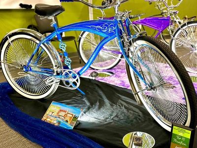 Custom built 26 inch beach cruiser lowrider chopper style bicycle bike with custom welding and 144 spoke wire wheels.