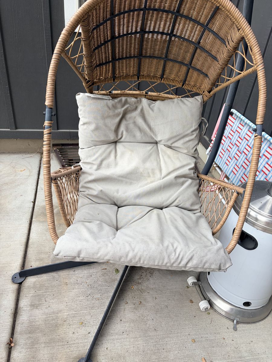 Indoor/outdoor basket swing with stand and cushion