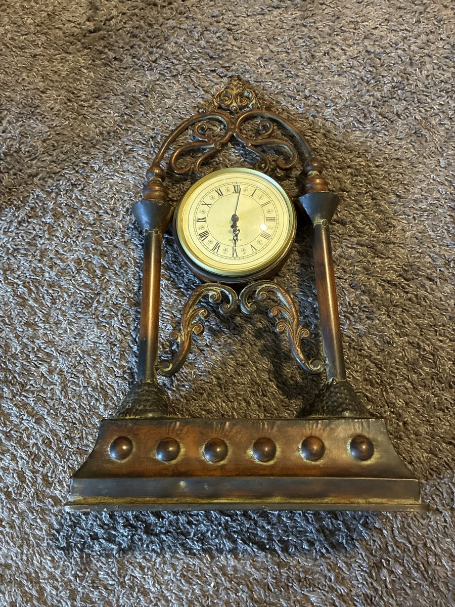 Vintage Ornate Metal Table Clock with Roman Numerals. 20 “ tall.