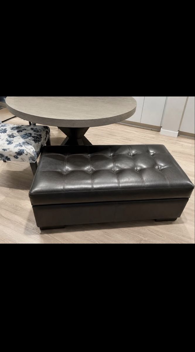 Black Tufted Leather Storage Ottoman Bench