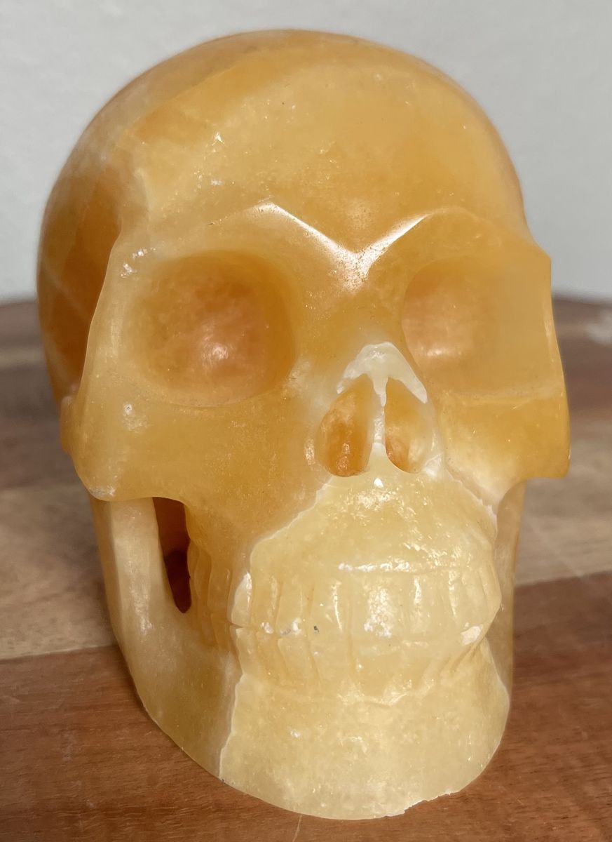 NEW Crystal 5" Skeleton SKULL ORANGE CALCITE Flashy Stone Home Decor Decoration Figurine Statue Collectible