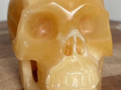 NEW Crystal 5" Skeleton SKULL ORANGE CALCITE Flashy Stone Home Decor Decoration Figurine Statue Collectible