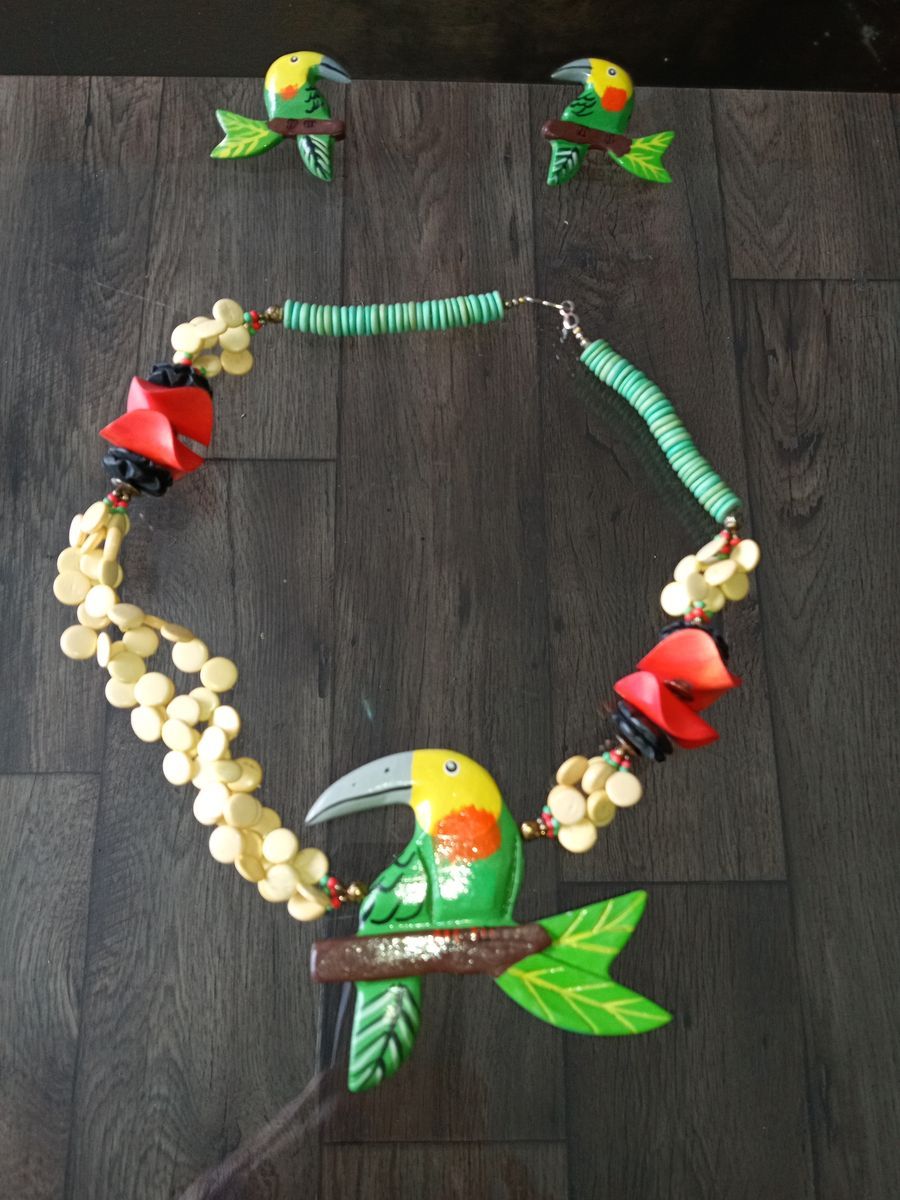 Vintage Handmade Tropical Toucan Necklace and Earring Set