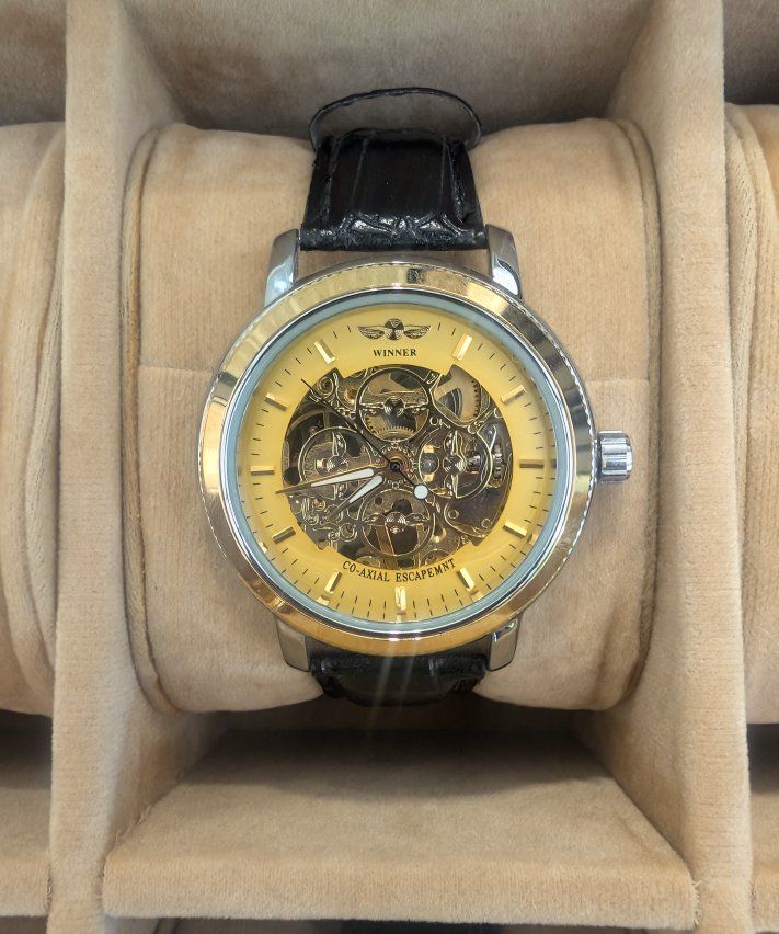 Winner Skeleton Mechanical Men's Watch Gold Dial Black Leather Strap
