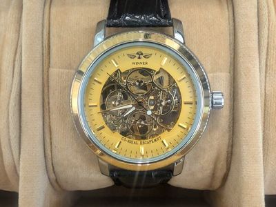 Winner Skeleton Mechanical Men's Watch Gold Dial Black Leather Strap