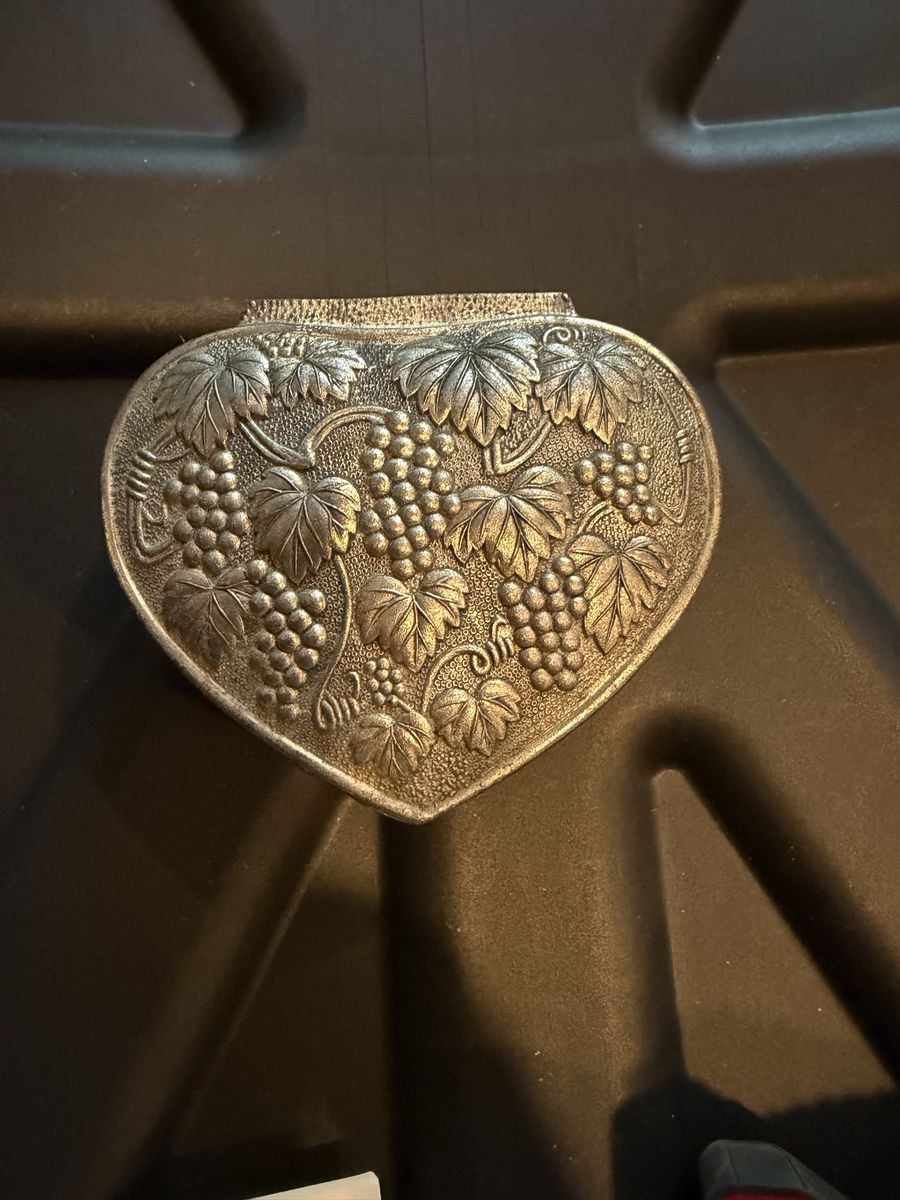 Vintage Heart-Shaped Trinket Box with Grapevine Motif and Red Velvet Interior