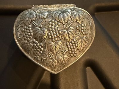 Vintage Heart-Shaped Trinket Box with Grapevine Motif and Red Velvet Interior