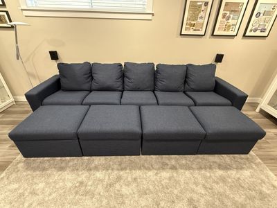 Spacious 5 Seat Modular Blue Fabric Sectional Sofa with 4 Ottomans - Excellent Condition
