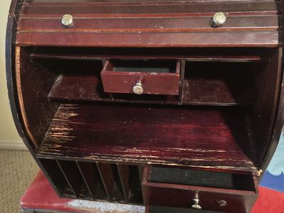 Vintage wooden rolltop portable desktop organizer