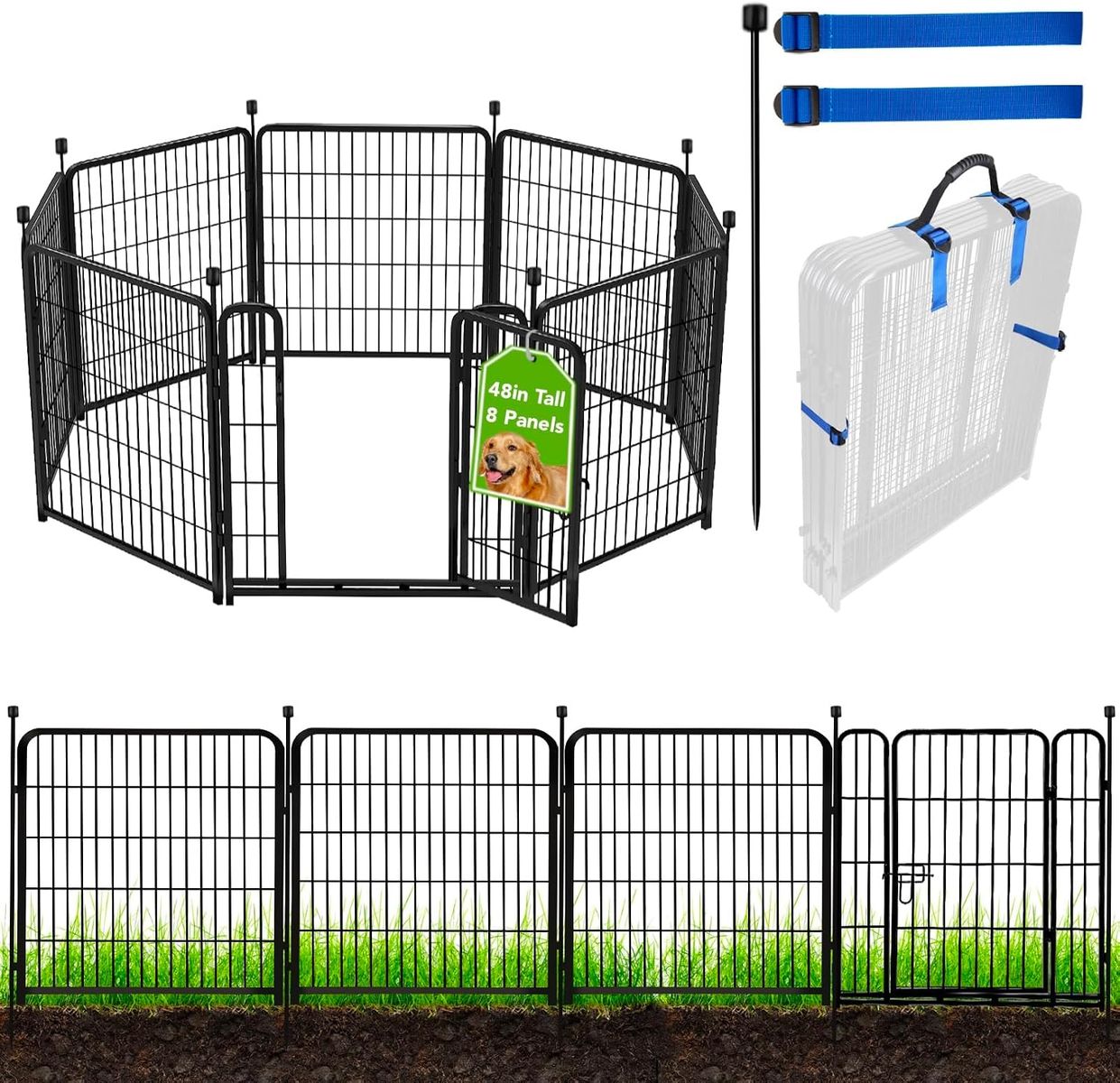 NEW 48" 8 Panels ADAVIN Tall Garden Fence with Gate, Heavy Duty Iron Metal Animal Barrier Fence