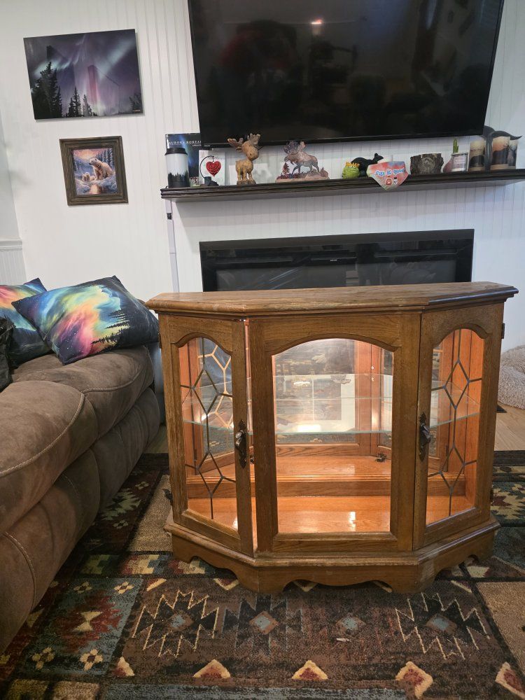 Vintage Wooden Corner Curio Display Cabinet with Interior Lighting