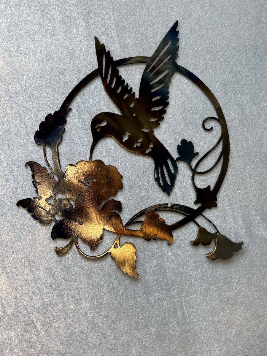 Hummingbird & Flower Metal Wall Art Decor - fire finish 11”X 11 1/2” free shipping or local pick up!