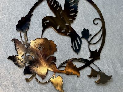 Hummingbird & Flower Metal Wall Art Decor - fire finish 11”X 11 1/2” free shipping or local pick up!