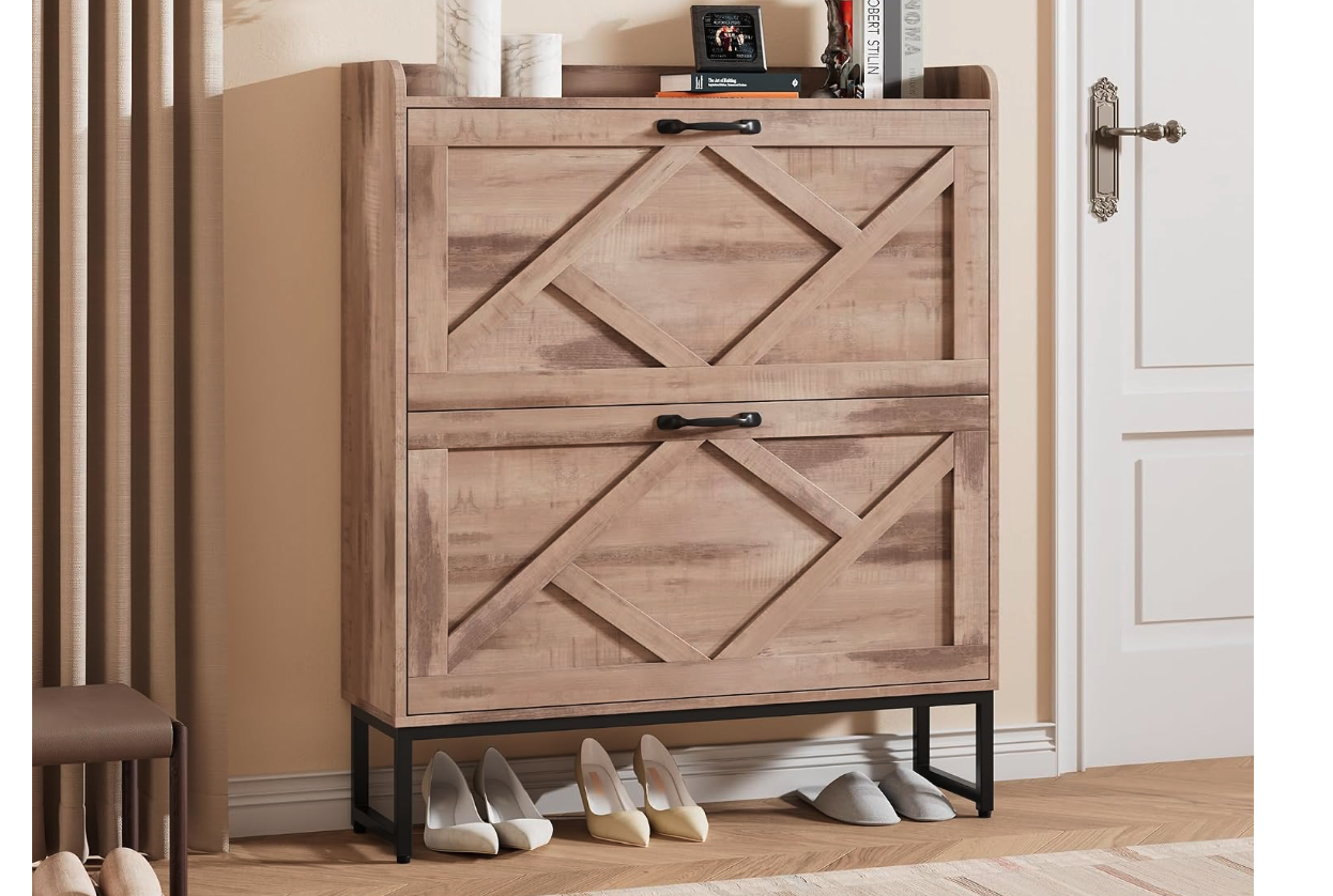 New Shoe Cabinet with 2 Flip Drawers，Freestanding Shoe Storage Cabinet, Narrow Shoe Organizer Cabinet,