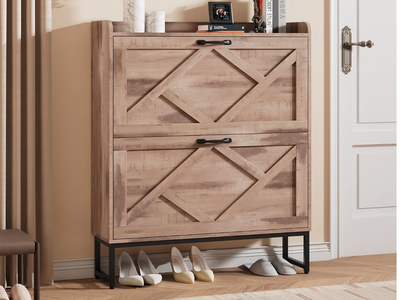 New Shoe Cabinet with 2 Flip Drawers,Freestanding Shoe Storage Cabinet, Narrow Shoe Organizer Cabinet,