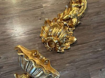 VINTAGE WOOD FAUX FISH CHERUB WALL FOUNTAIN